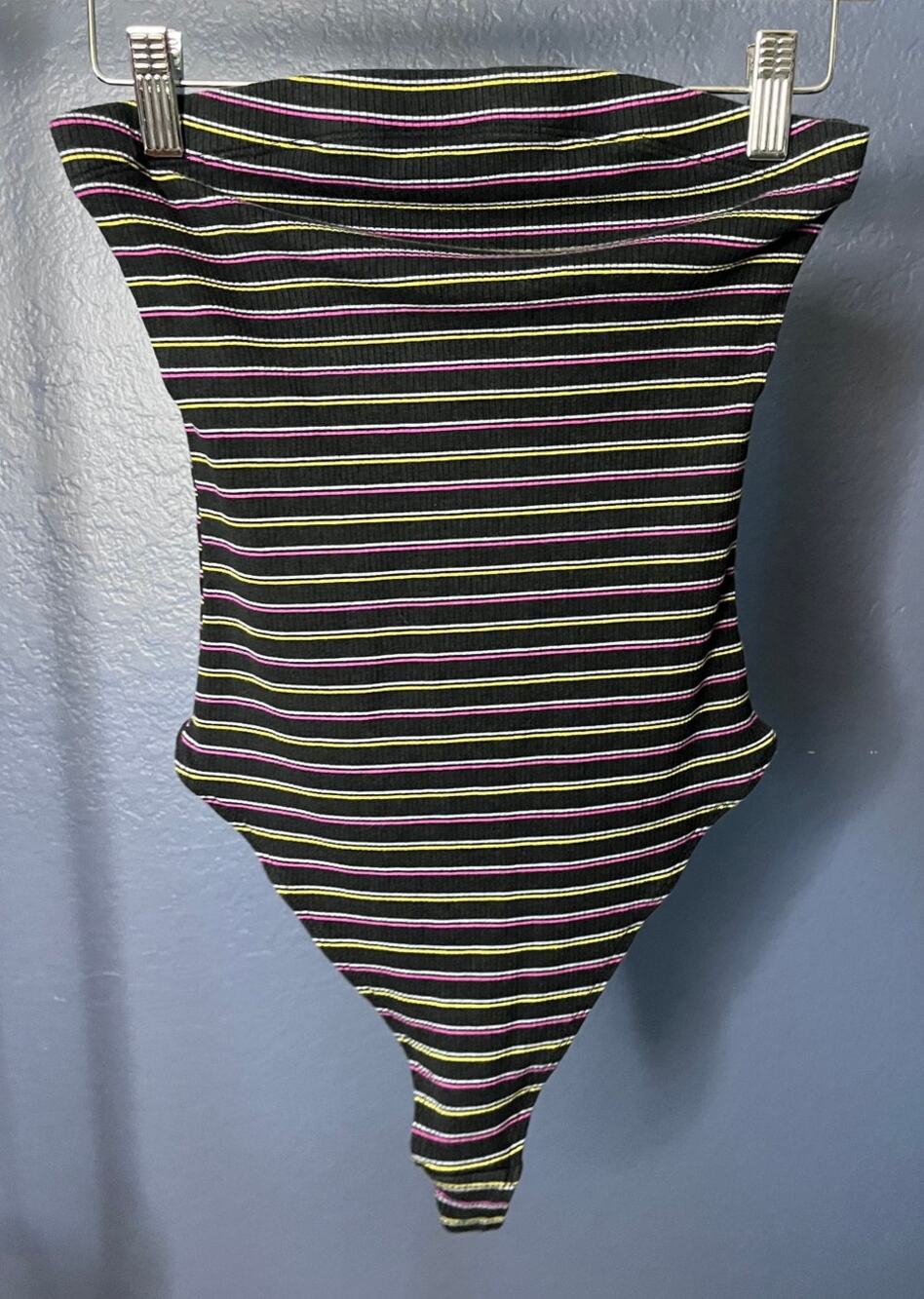 Out From Under Urban Outfitters Strapless Striped Ribbed Bodysuit Thong Black L